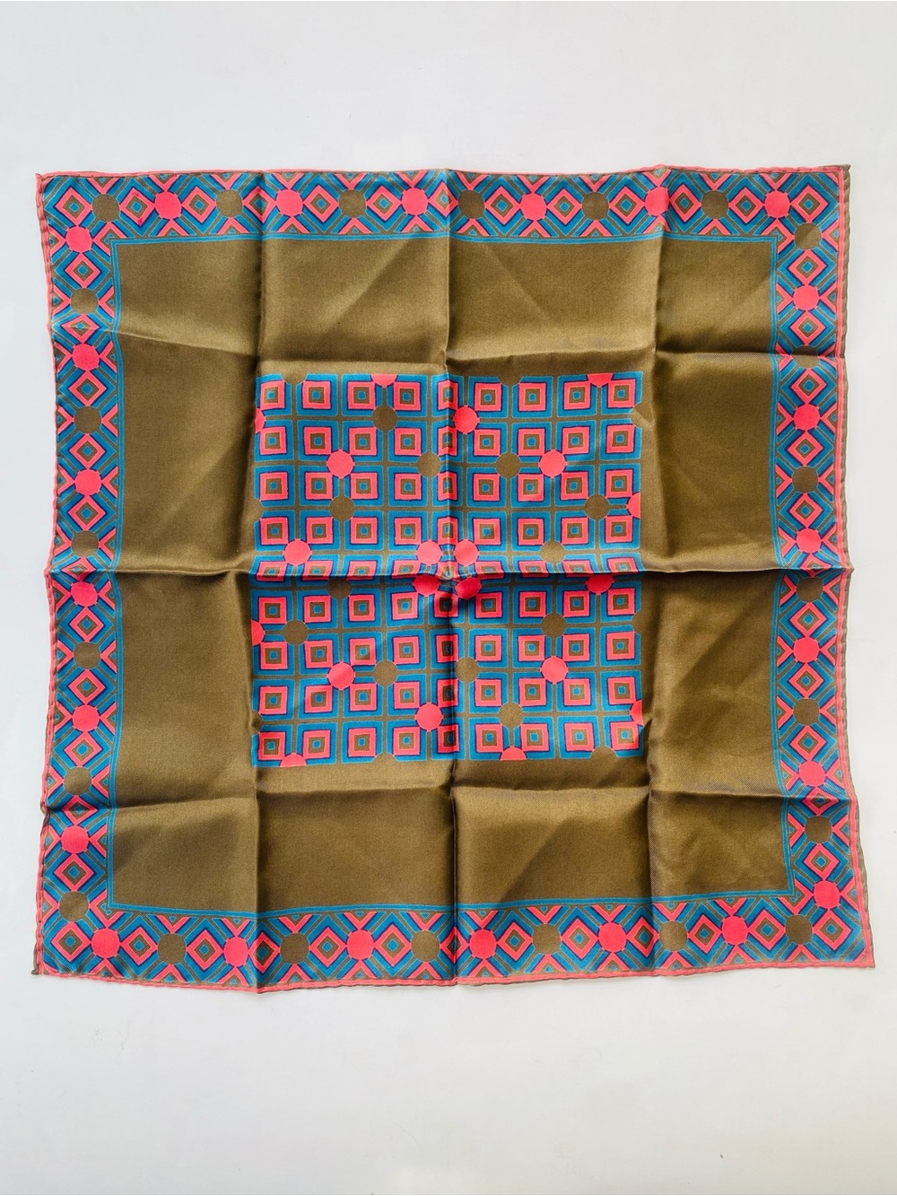 Vintage Hand-rolled Hand-stitched Silk Scarf in Olive, Pink & Teal